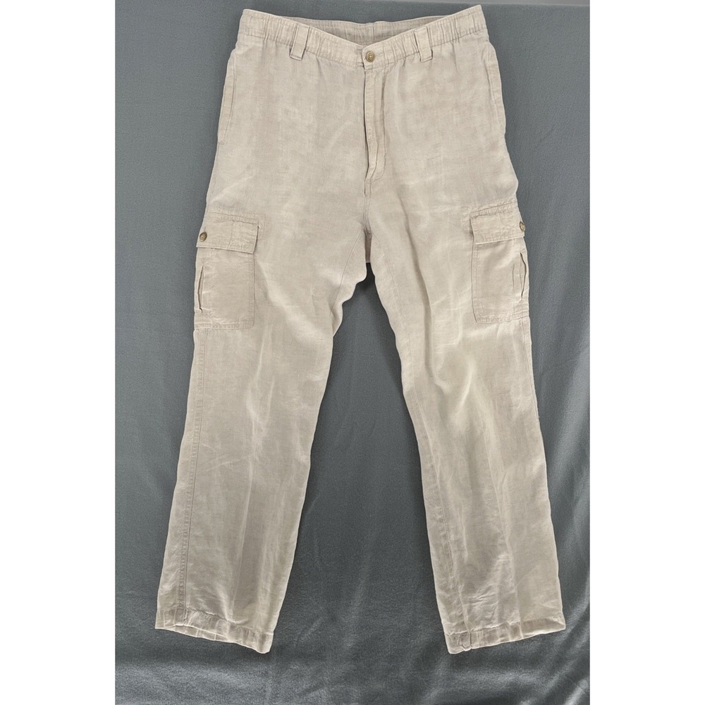 Caribbean Mens Cargo‎ Pants 32x30 100% Linen Straight Drawstring Relaxed Fit